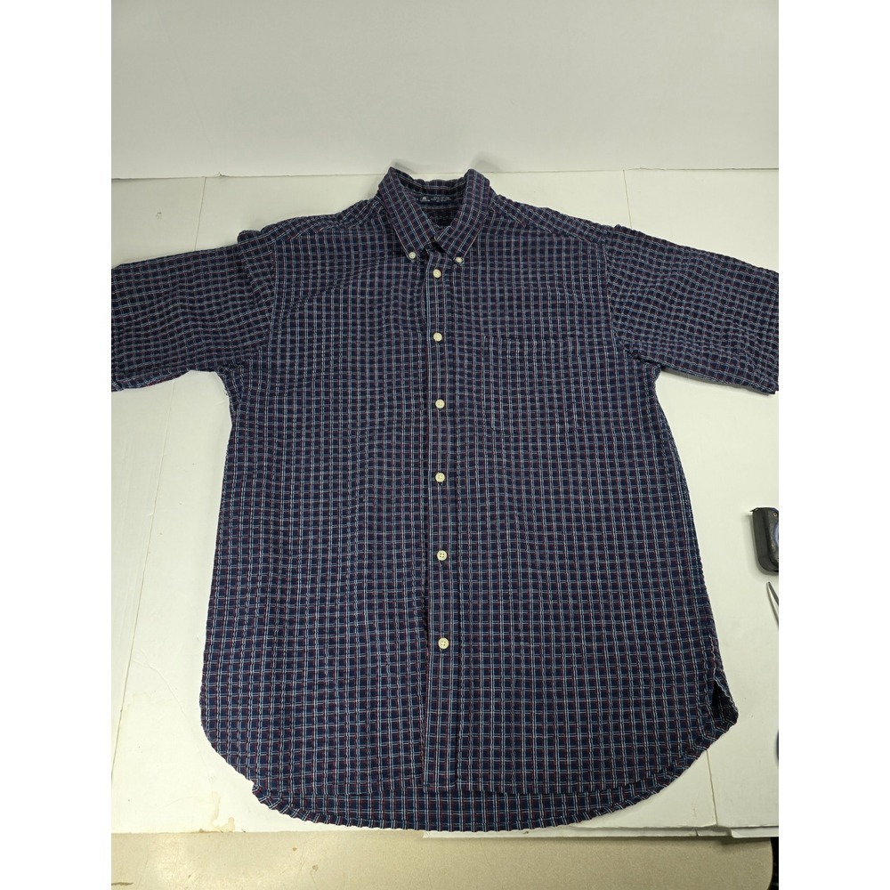 John‎ Ashford Plaid Shirt Men Large Striped Short Sleeve Seersucker Vintage